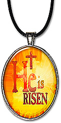 Original Christian art keychain or necklace with the words 'He is Risen'.