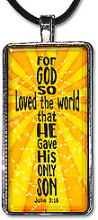 Original word art Christian cross with the Bible verse from John 3:16 'For God so loved the world that He gave His only Son' is available as a necklace or keychain.