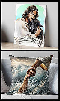Black Sheep art boart print and Rescued By Jesus throw pillow are samples of our original designs available as Christian gifts on our Redbubble store under Lion and Lamb Design