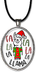 Cute llama, decked out for Christmas is featured in this handcrafted holiday necklace with the message: 'fa la la la la la llama', in your choice of pendant or keychain.