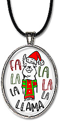 Cute llama, decked out for Christmas is featured in this handcrafted holiday necklace with the message: 'fa la la la la la llama', in your choice of pendant or keychain.