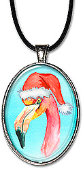 Handcrafted original watercolor flamingo with a Santa hat is featured on this Christmas jewelry, available as a necklace or keychain.