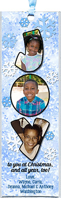 Christmas Joy Bookmark is personalized with your 3 photos and message. Include with or in place of Christmas cards, tie to gifts as package decorations or give out as fanvors at a holiday party!