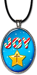 Christian Christmas necklace features the candy cane word 'JOY' with a dangling golden star that contains an etched cross. It's also available as a keychain.