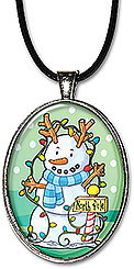 Adorable snowman decked in Christmas lights, reindeer antlers and North Pole sign is featured in this holiday jewelry in your choice of necklace or keychain.