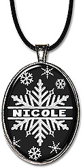Personalized Christmas holiday or winter season snowflake name necklace, features any name in any spelling in a split monogram, available as a pendant or keychain.