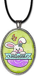 Handcrafted Split Monogram Easter bunny necklace is personalized with any name, in any spelling. Also available as a keychain..
