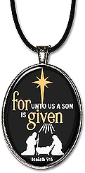 Christian Christmas necklace features the Bible verse from Isaiah 9:6: 'for unto us a Son is given', with the highlighted words spelling 'forgiven'. It's also available as a keychain.