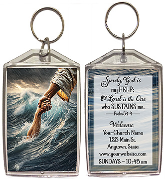 HELP!!! is our original design for custom double-sided keychains for church welcome gifts, personalized with your church information for first time visitors.