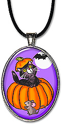 This handcrafted Halloween necklace features an adorable black cat popping out of a pumpkin, while a mouse & bat look on.