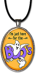 Whimsical ghosts adorn claim: 'I'm just here for the boos' on this handcrafted, light-hearted Halloween necklace or keychain.