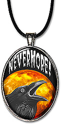 Halloween raven against a full moon, saying 'Nevermore' adorns this spooky holiday necklace or keychain.