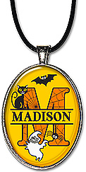 Original art Halloween Split Monogram Name necklace pendant or keychain is personalized with any initial, name, spelling, and features a black cat, bat, ghost and spider.