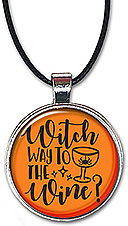 This Halloween necklace is also available as a keychain and has the message: which way to the wine.