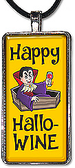 Whimsical handcrafted Halloween necklace or keychain features the message: Happy HalloWINE.