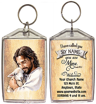 I have called you by name is our original design for custom double-sided keychains for church welcome gifts, personalized with your church information for first time visitors.