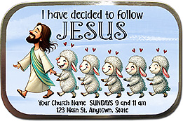 I have decided to follow Jesus is our original design for custom mint tins for church welcome gifts, personalized with your church information for first time visitors.