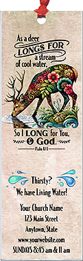 Longing for God is our original design for custom bookmarks for church welcome gifts, personalized with your church information for first time visitors.