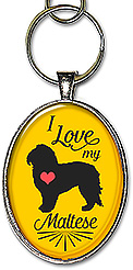 Sample of a handcrafted necklace or keychain with the message: 'I love my maltese', with 75+ dog breeds available.