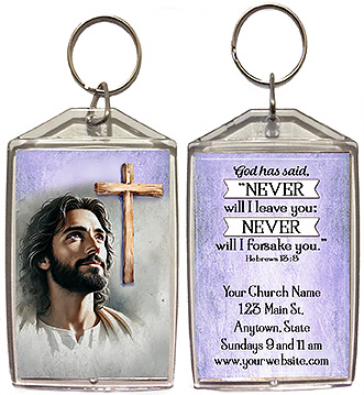 I Will Never Leave or Forsake You is our original design for custom double-sided keychains for church welcome gifts, personalized with your church information for first time visitors.