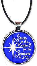 Christian Christmas necklace features a bright star and the message: Jesus is the reason for the season. It's also available as a keychain.