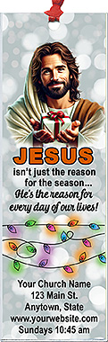 Jesus is our Reason! is our original design for custom bookmarks for church welcome gifts, personalized with your church information for first time visitors.