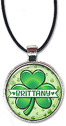 St. Patrick's Day shamrock necklace, is personalized with any name in any spelling in a split monogram, available as a necklace or keychain.