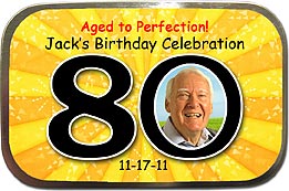 Aged To Perfection unfilled photo mint tins for any age ending in 0 - 40, 50, 60, 70, 80, 90 are inexpensive milestone birthday favors