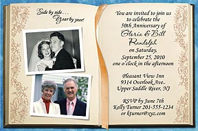 Photo Anniversary Invitations - Your then and now photos are featured in this beautiful invitation with the look of an open Memory Book.