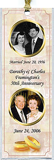 Personalized Anniversary Photo Bookmark Favors in gold rings design is also available in mint tins, notebooks and invitations.