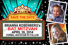  Bat Mitzvah and Bar Mitzvah  Save the Date Cards in a Movie Marquee design, staring two photos of your child,personalized with your message up in lights.