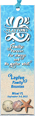 Beach design with seashells family reunion bookmark favors are personalized with your family name monogram and reunion date & location.