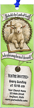 Behold the Lamb of God is our original design for custom bookmarks for church welcome gifts, personalized with your church information for first time visitors.