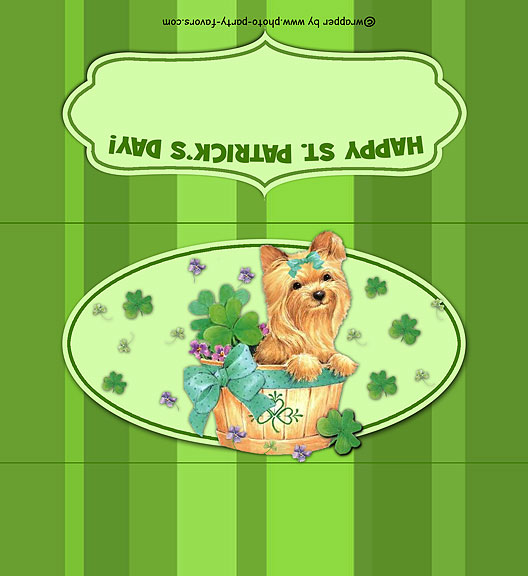 Free Printable St. Patrick's Day Candy Bar Wrapper, features a yorkie puppy surrounded by shamrocks, ready to personalize with your message on back.