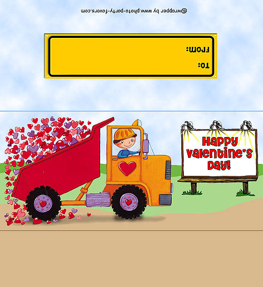 On The Road free printable candy bar wrapper (for 1.55 oz. bar), ready to personalize with your message. Features a boy with hearts in a dump truck.