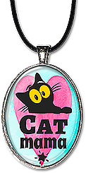 Handcrafted cute cat pendant necklace with the message: 'Cat Mama', would make a great gift for any cat lover, and it's also available as a keychain.