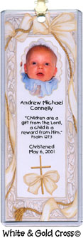 White & Gold Cross Photo Baptism Bookmark