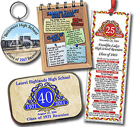 Ideas for class reunion favors - personalized bookmarks, notebooks, mint tins, key chains, magnets, buttons and pocket mirrors make great keepsakes for your classmates. You can even include a photo of your old school!