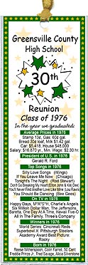Starburst class reunion bookmark favors are personalized with your school name and colors with fun facts from the year you graduated.