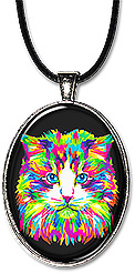 This handcrafted colorful cat art necklace is available as a necklace or keychain.