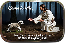 Come to Jesus is our original design for custom mint tins for church welcome gifts, personalized with your church information for first time visitors.
