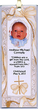 Photo Christening Bookmarks in White & Gold Cross design, personalized with your message. Also great for baptism and dedication.