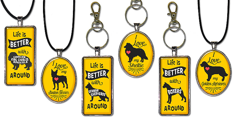 Handcrafted jewelry gifts for people who love dogs, original art designs are available as necklaces, pendants and keychains.