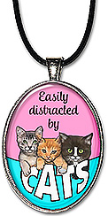 Original water color kitten trio necklace has the message: easily distracted by cats, and is available as a pendant or keychain.