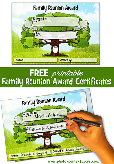 Free printable family reunion awards certificate from Photo Party Favors, plus over 60 ideas for family reunion awards.