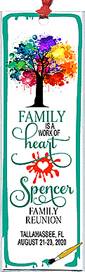 Family reunion bookmark favors in the Work of Heart design are personalized with your family name and reunion date & place.