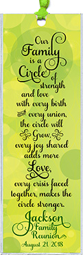 Family reunion bookmark favors in the Circle design are personalized with your family name and reunion date.