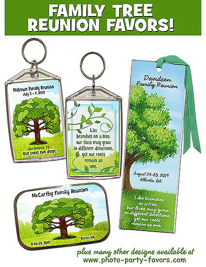 Ideas for family reunion favors - Family Tree personalized bookmarks, mint tins, key chains and magnets make great keepsakes for your family members. More designs for family reunion favors are available at Photo Party Favors.