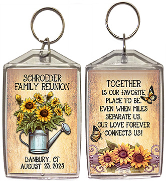 Family reunion keychain favors are personalized with your family name, reunion date and location with sunflower design on the front and family quote on the back.