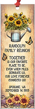 Family reunion bookmark favors in the Sunflowers design are personalized with your family, reunion date and location.